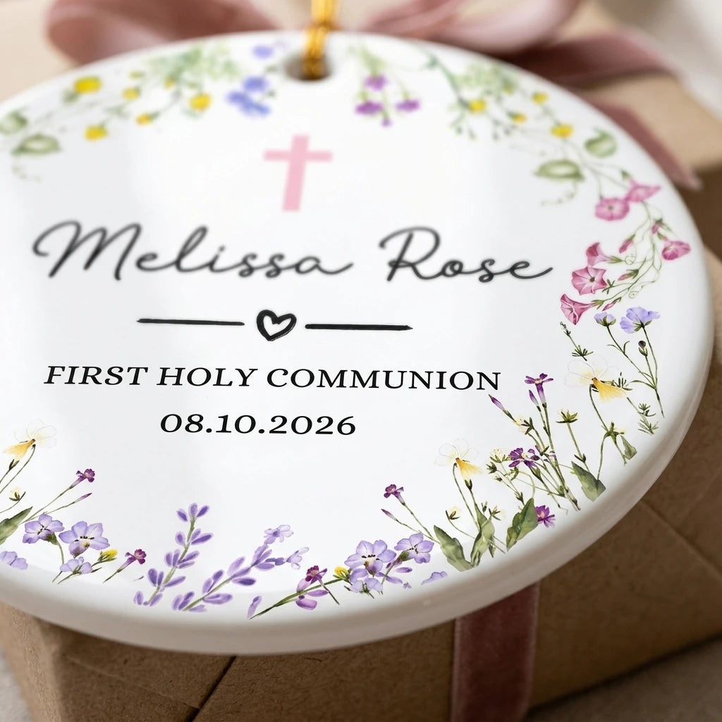 first communion floral personalized ornament detail