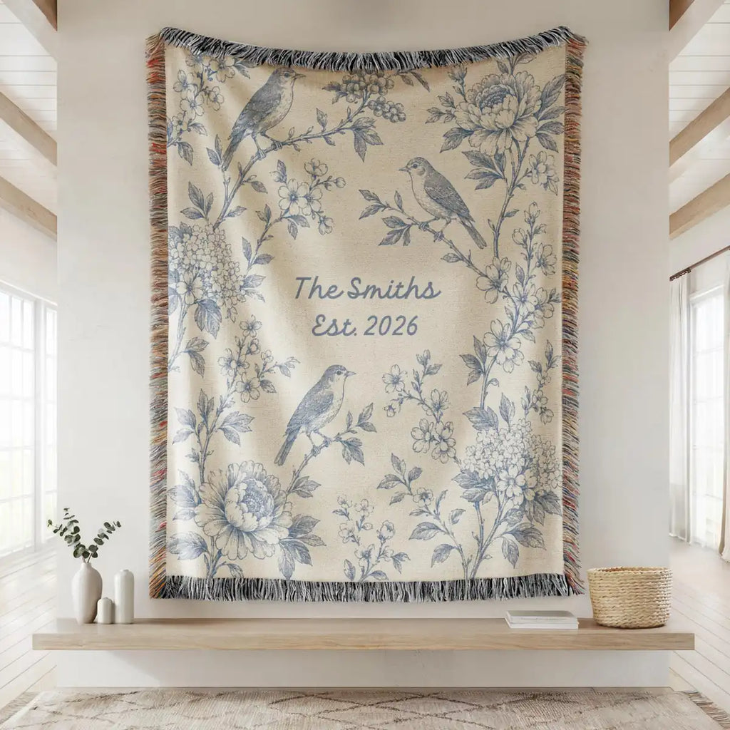 Personalized floral bird panel woven blanket with fringe trim