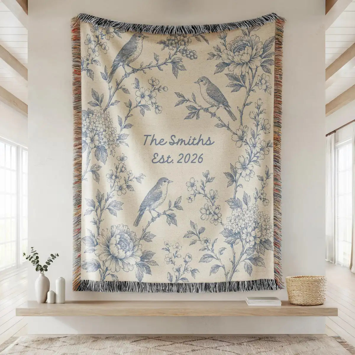 Personalized floral bird panel woven blanket with fringe trim