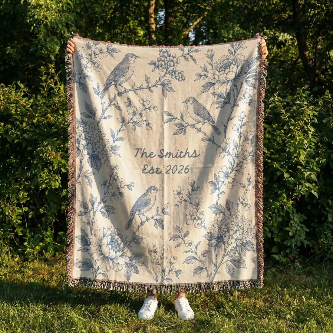 Personalized floral bird panel woven blanket shown in a styled room setting