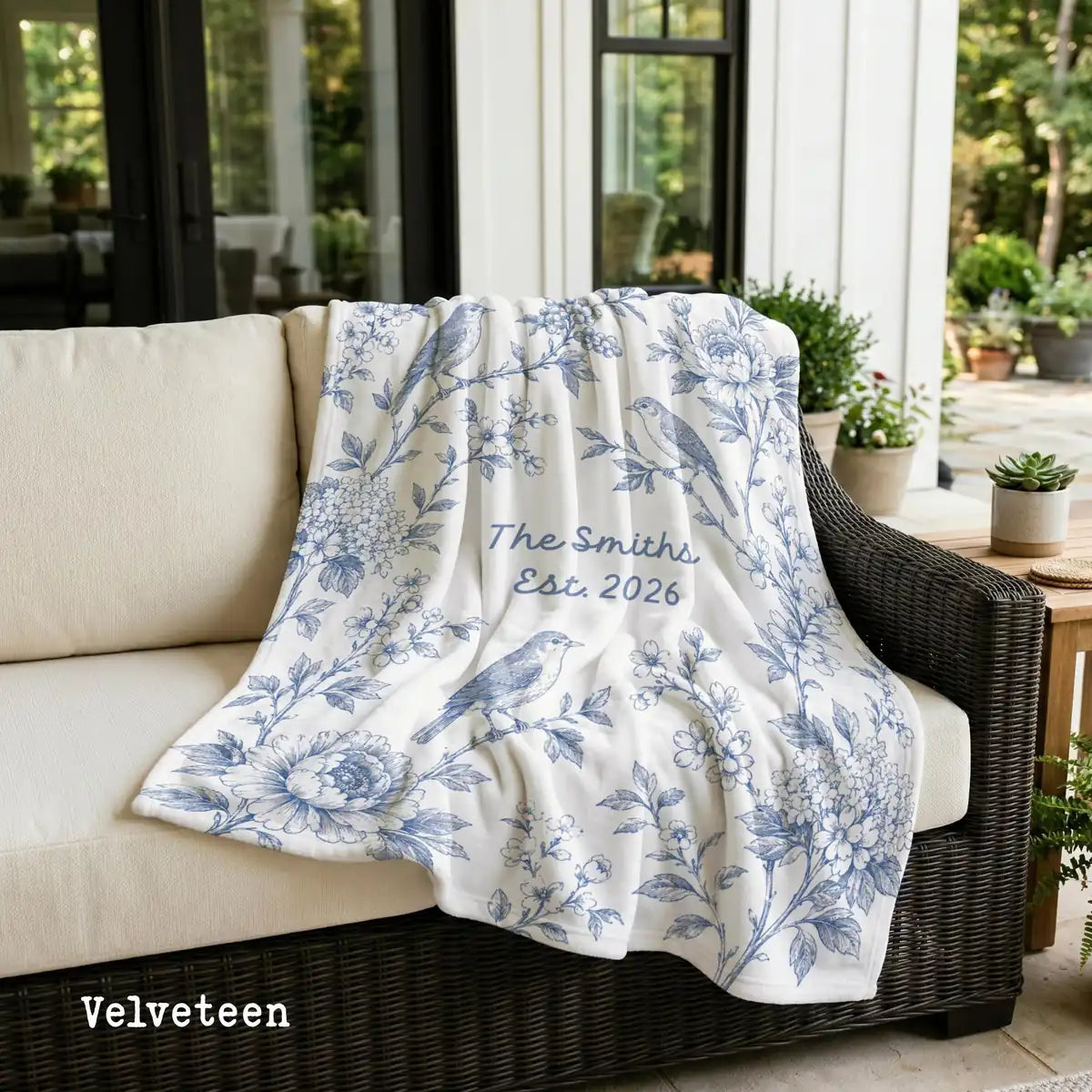 Personalized floral bird panel woven blanket shown in a styled room setting