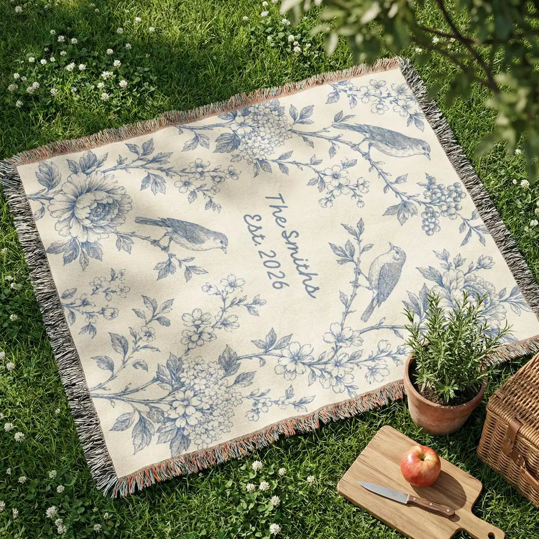 Personalized floral bird panel woven blanket shown in a styled room setting