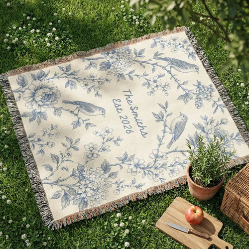 Personalized floral bird panel woven blanket shown in a styled room setting