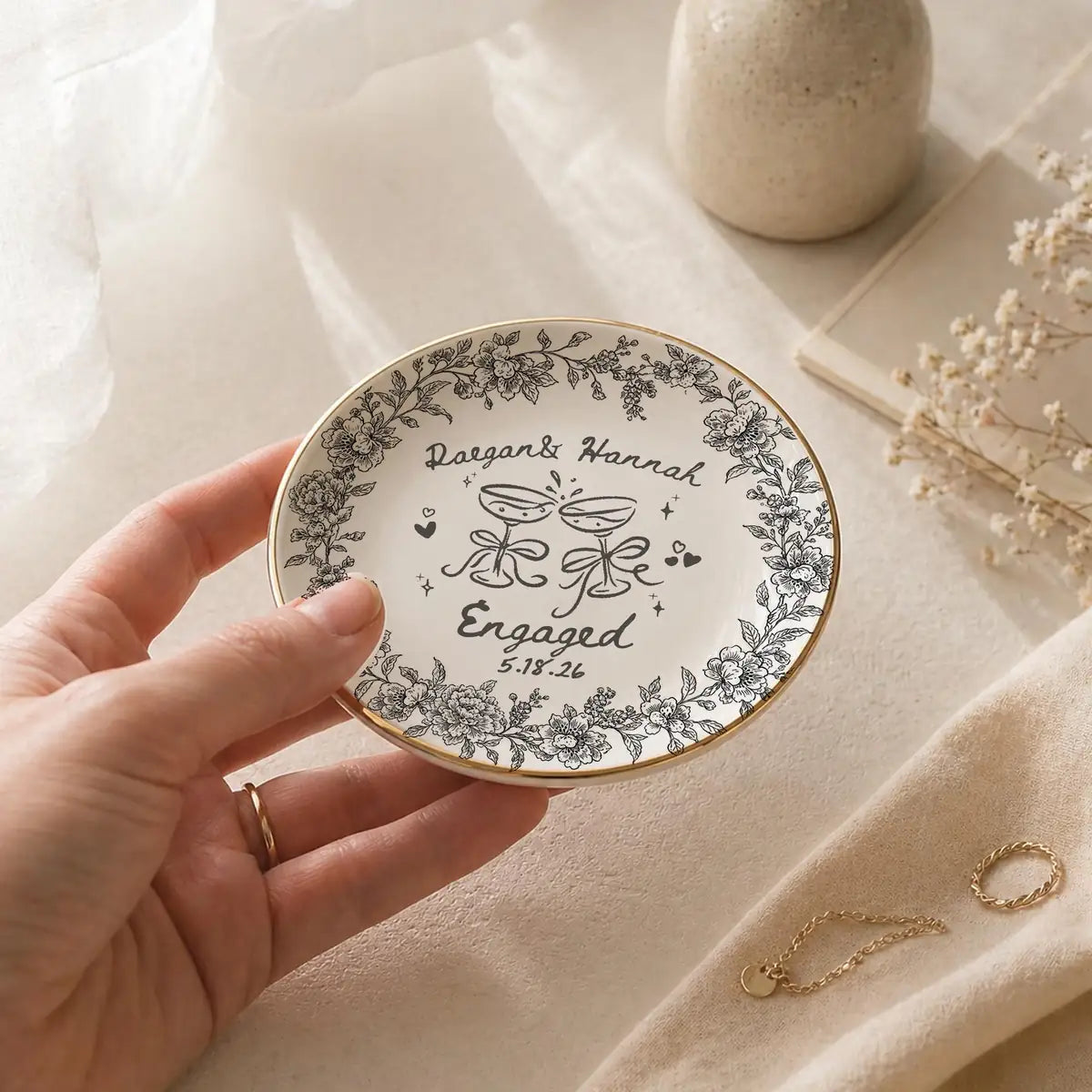 Close-up of Floral Border Custom Name Dates Engagement Ring Dish