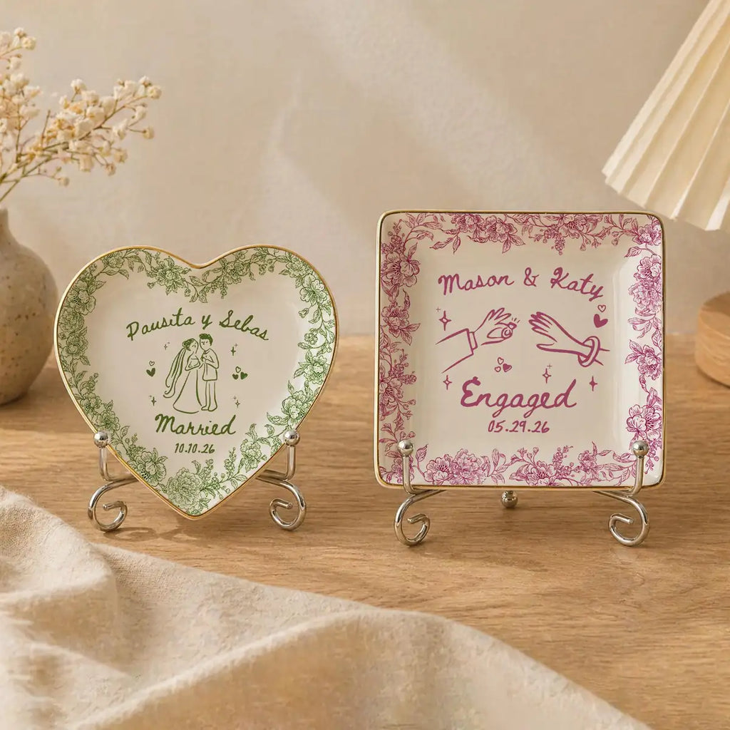 Floral Border Custom Name Dates Engagement Ring Dish in gift packaging