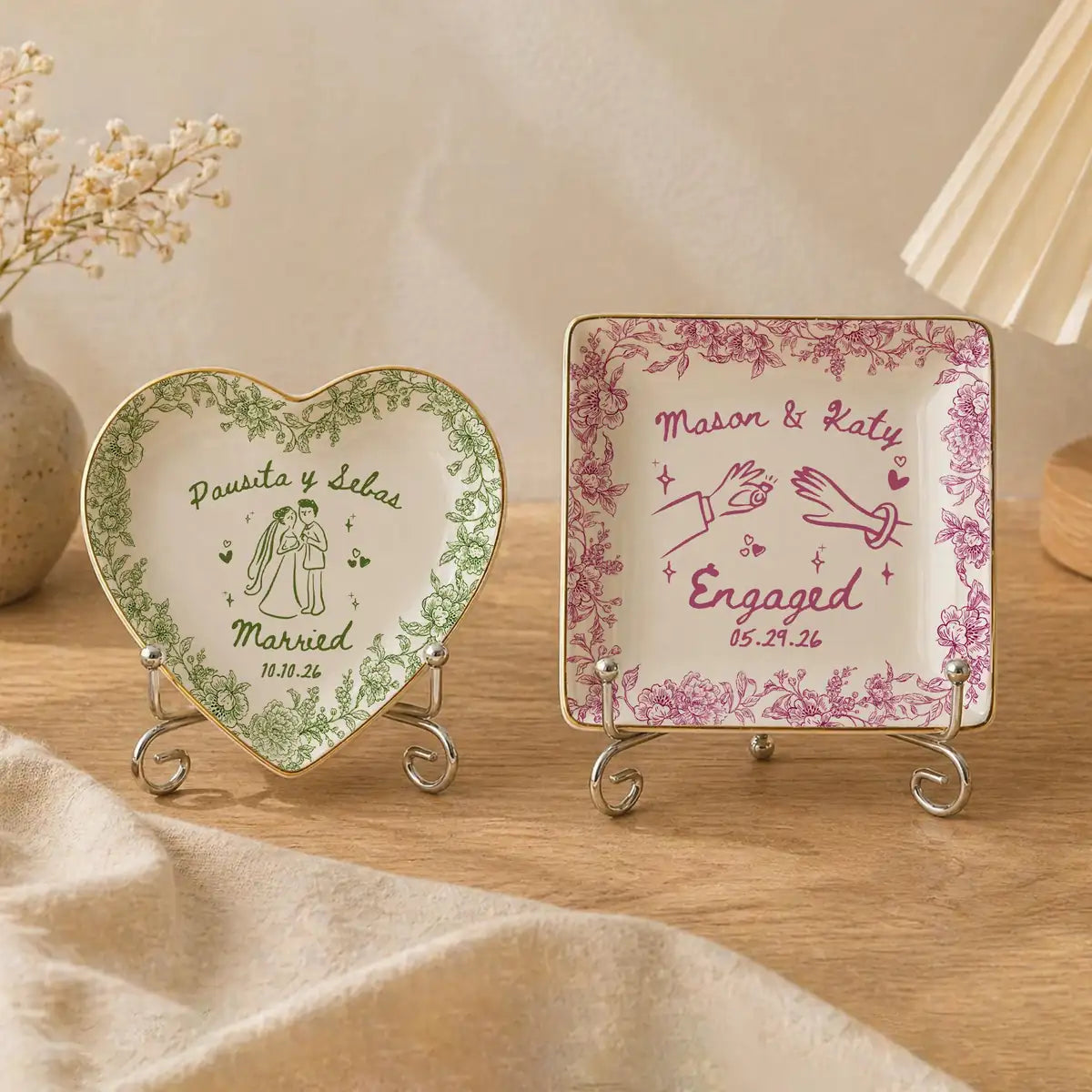 Floral Border Custom Name Dates Engagement Ring Dish in gift packaging