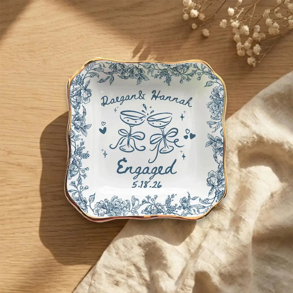 Floral Border Custom Name Dates Engagement Ring Dish