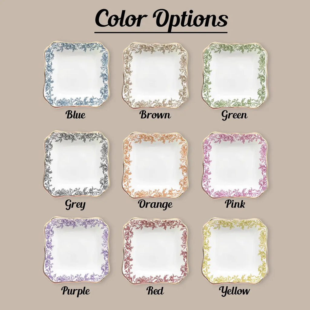 Shape and design options for Floral Border Custom Name Dates Engagement Ring Dish