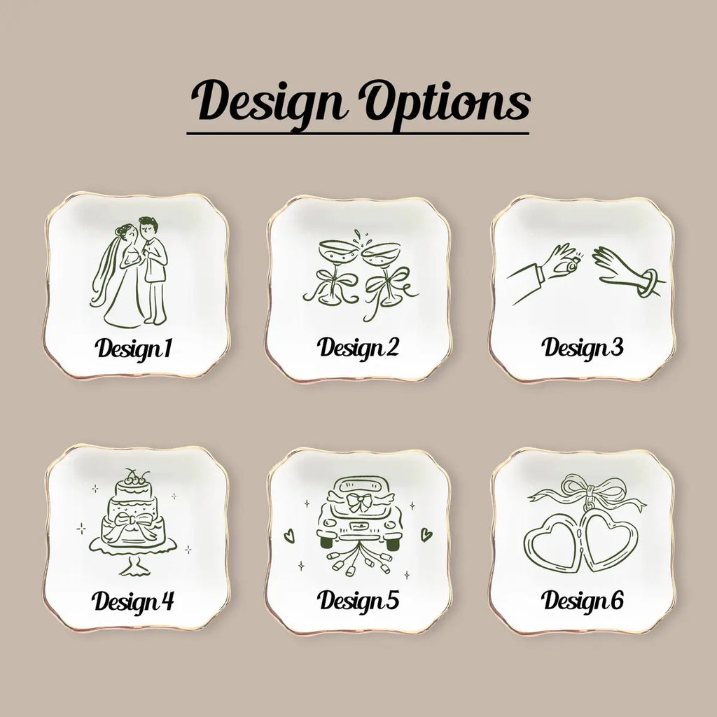 Shape and design options for Floral Border Custom Name Dates Engagement Ring Dish