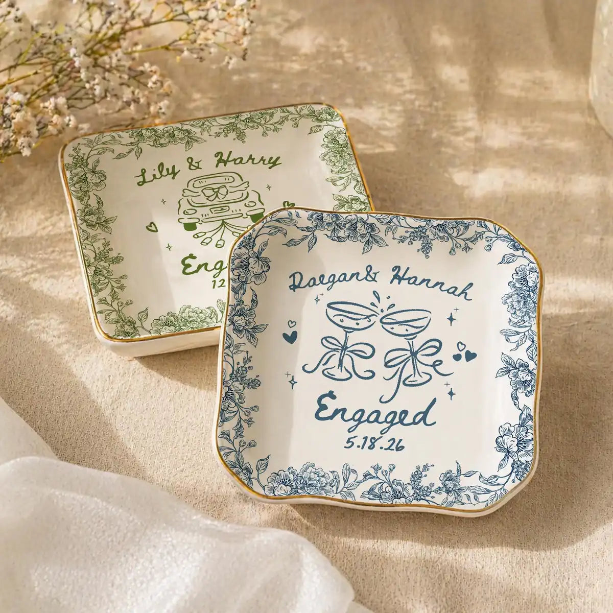 Floral Border Custom Name Dates Engagement Ring Dish variant