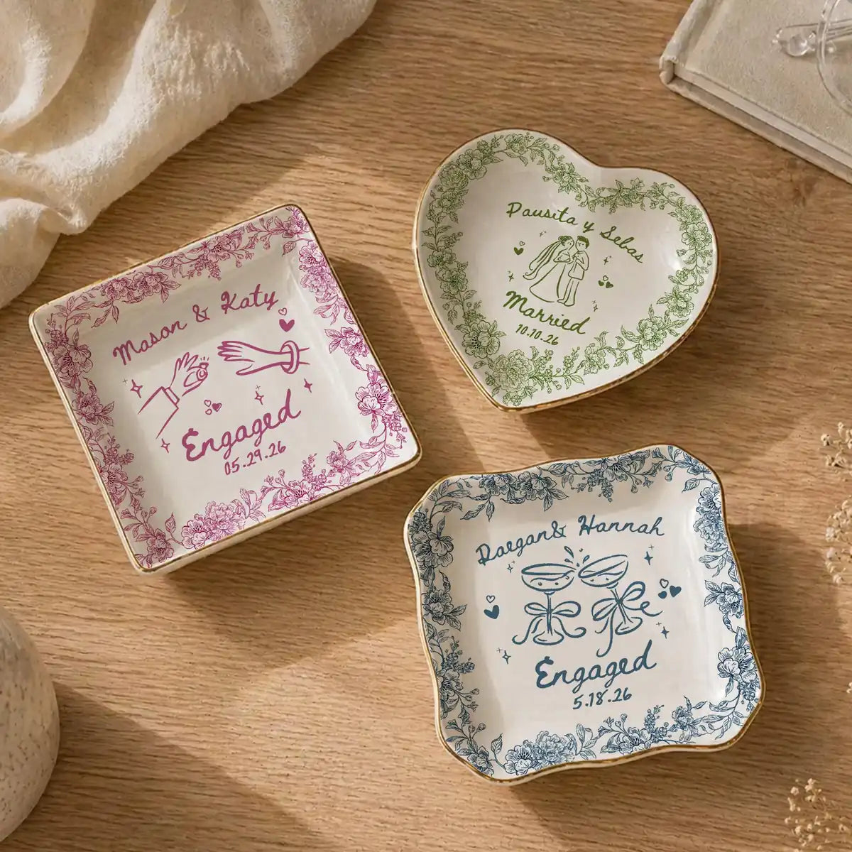 Floral Border Custom Name Dates Engagement Ring Dish variant