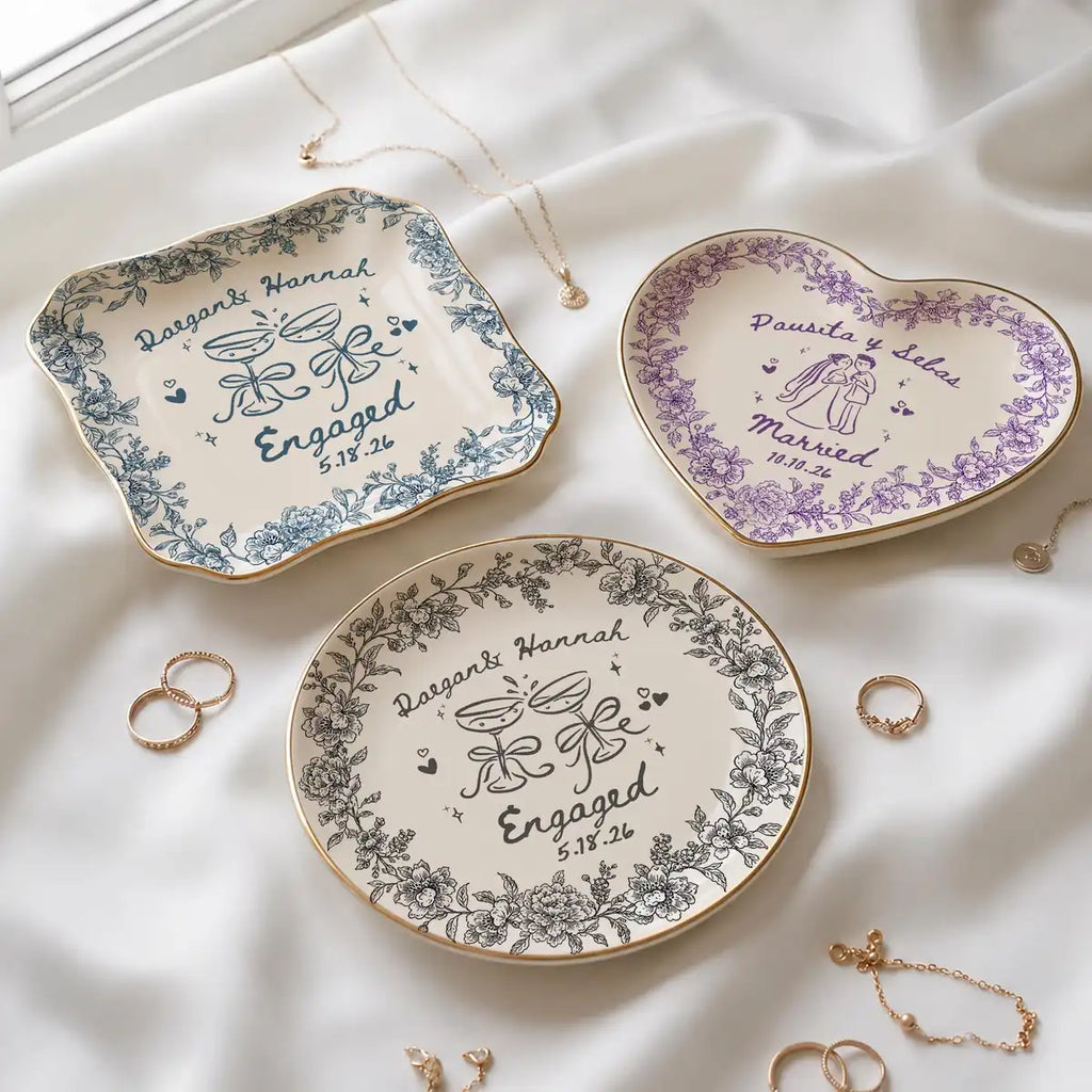 Floral Border Custom Name Dates Engagement Ring Dish variant