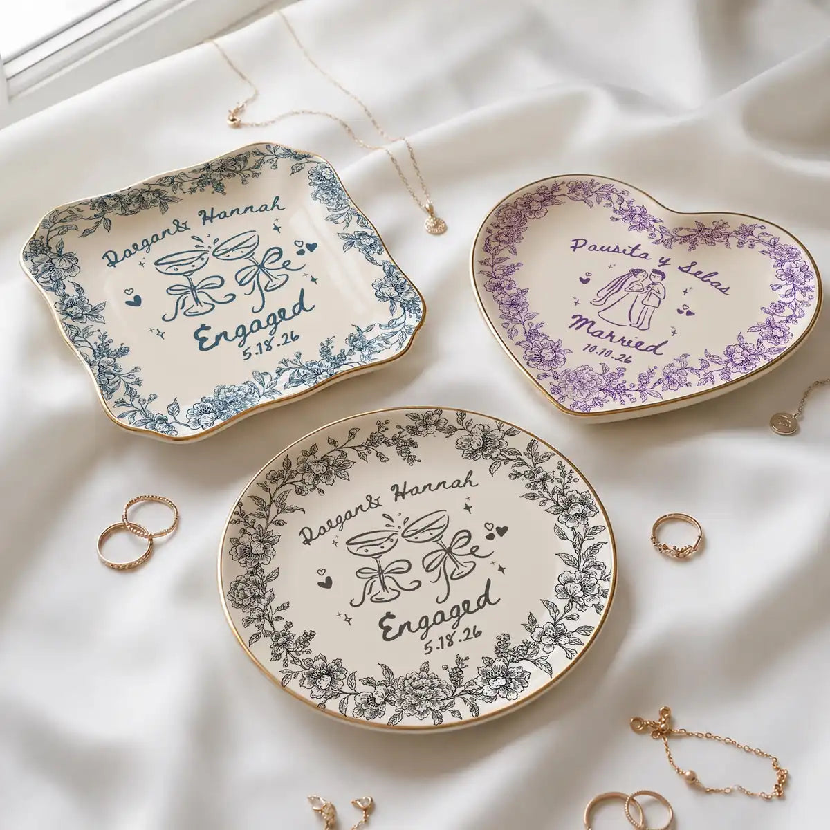 Floral Border Custom Name Dates Engagement Ring Dish variant