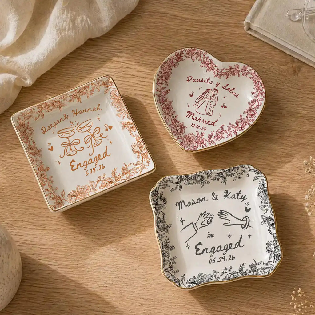 Floral Border Custom Name Dates Engagement Ring Dish variant
