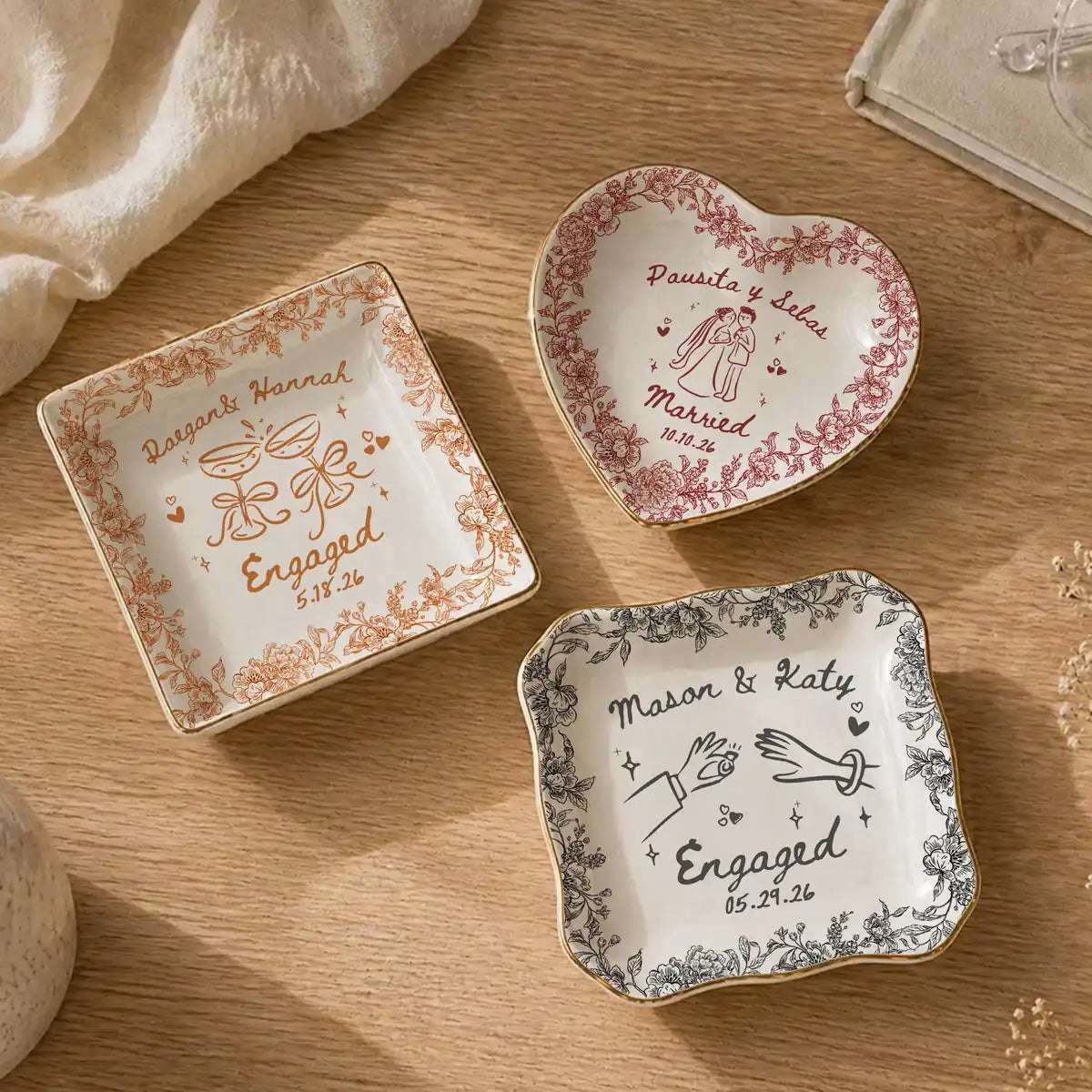 Floral Border Custom Name Dates Engagement Ring Dish variant