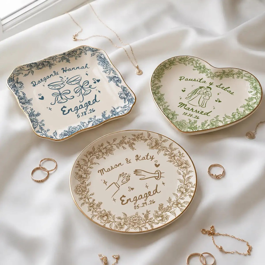 Floral Border Custom Name Dates Engagement Ring Dish variant