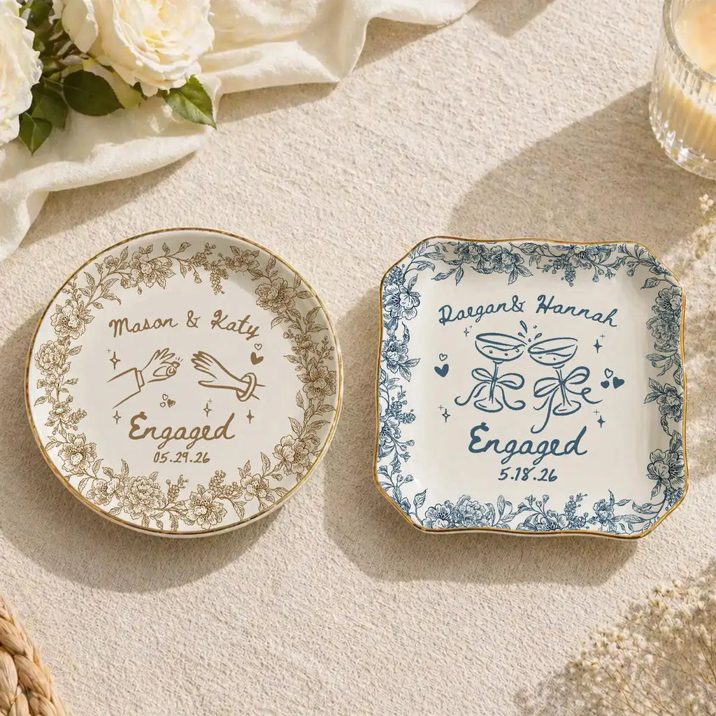 Floral Border Custom Name Dates Engagement Ring Dish variant
