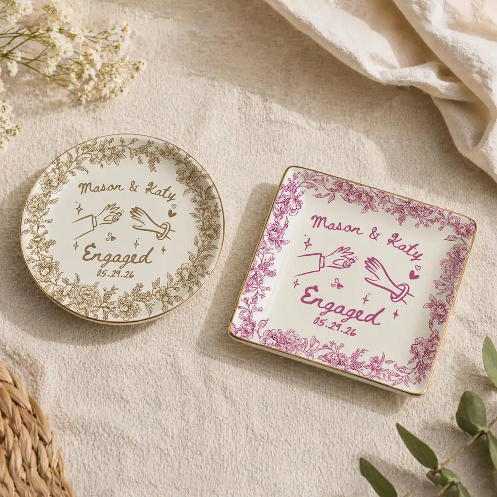 Floral Border Custom Name Dates Engagement Ring Dish variant
