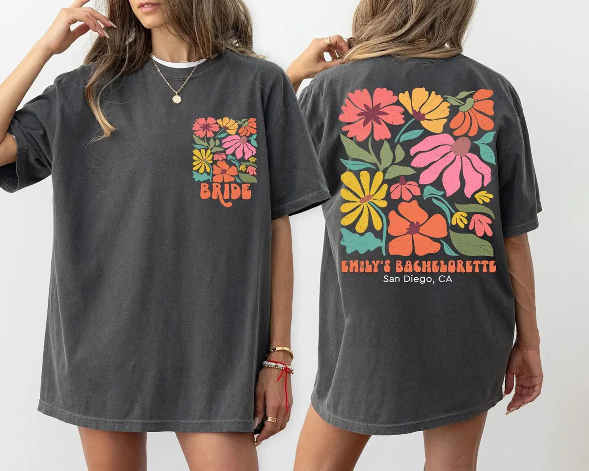 Floral Garden - Custom Location - Bachelorette Party Comfort Colors T-Shirt - Comfort Colors T-Shirt Mockup Image