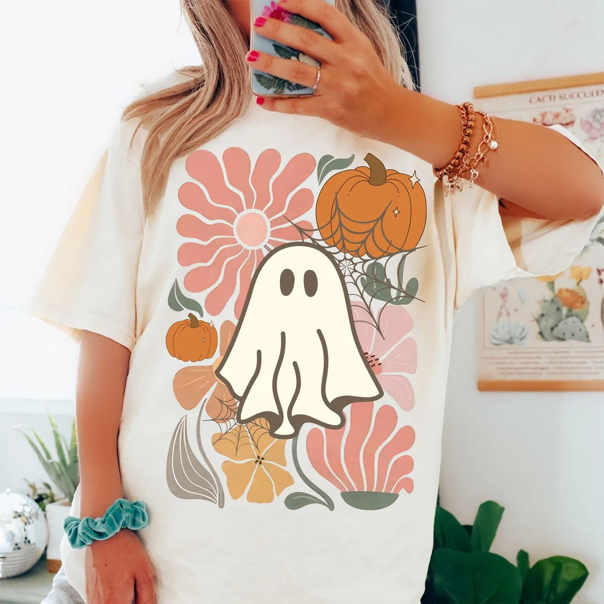 Floral Ghost Halloween graphic Comfort Colors T-shirt, additional product photograph.