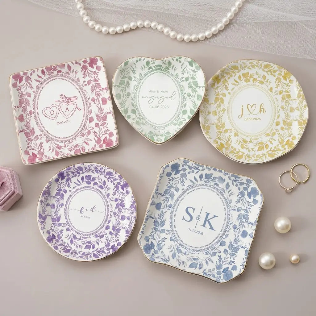 Color and shape options for personalized watercolor floral toile ring dish