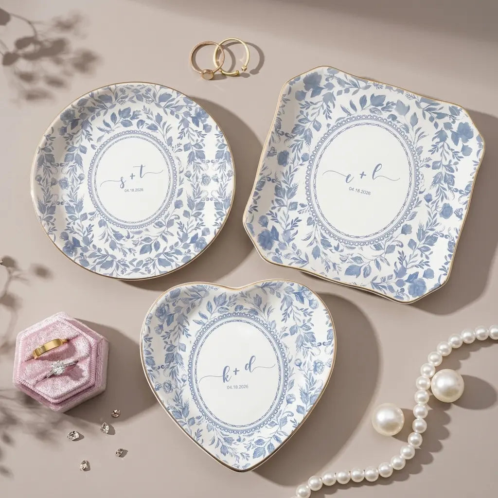 Purple and blue watercolor floral toile personalized wedding ring dish variants