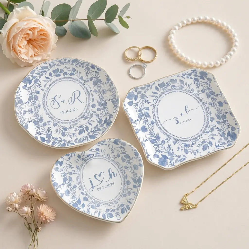 Personalized floral toile ring dish with pink velvet ring box and gold bands