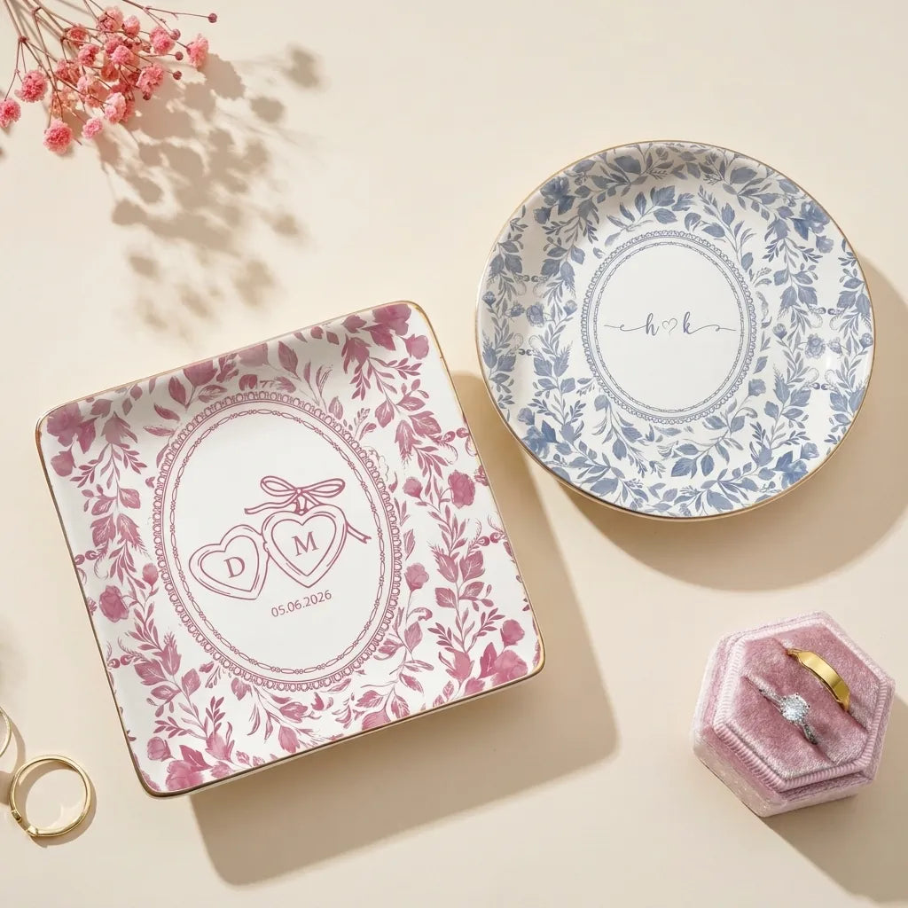 Multi-color personalized floral toile ring dish in pink, green, yellow and blue