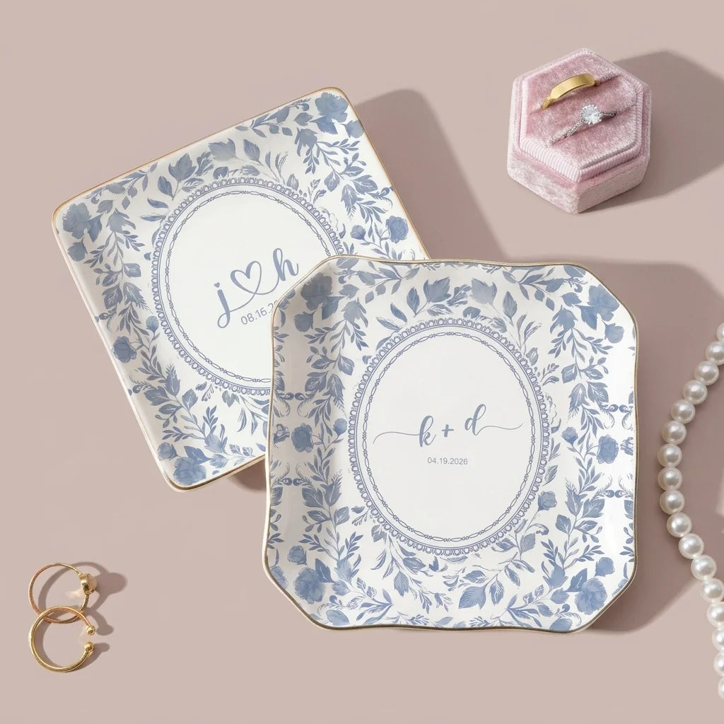 Personalized watercolor floral toile wedding ring dish in gift packaging