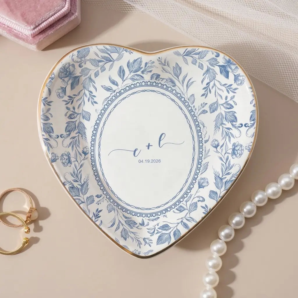 Floral toile personalized ring dish styled with bridal flowers