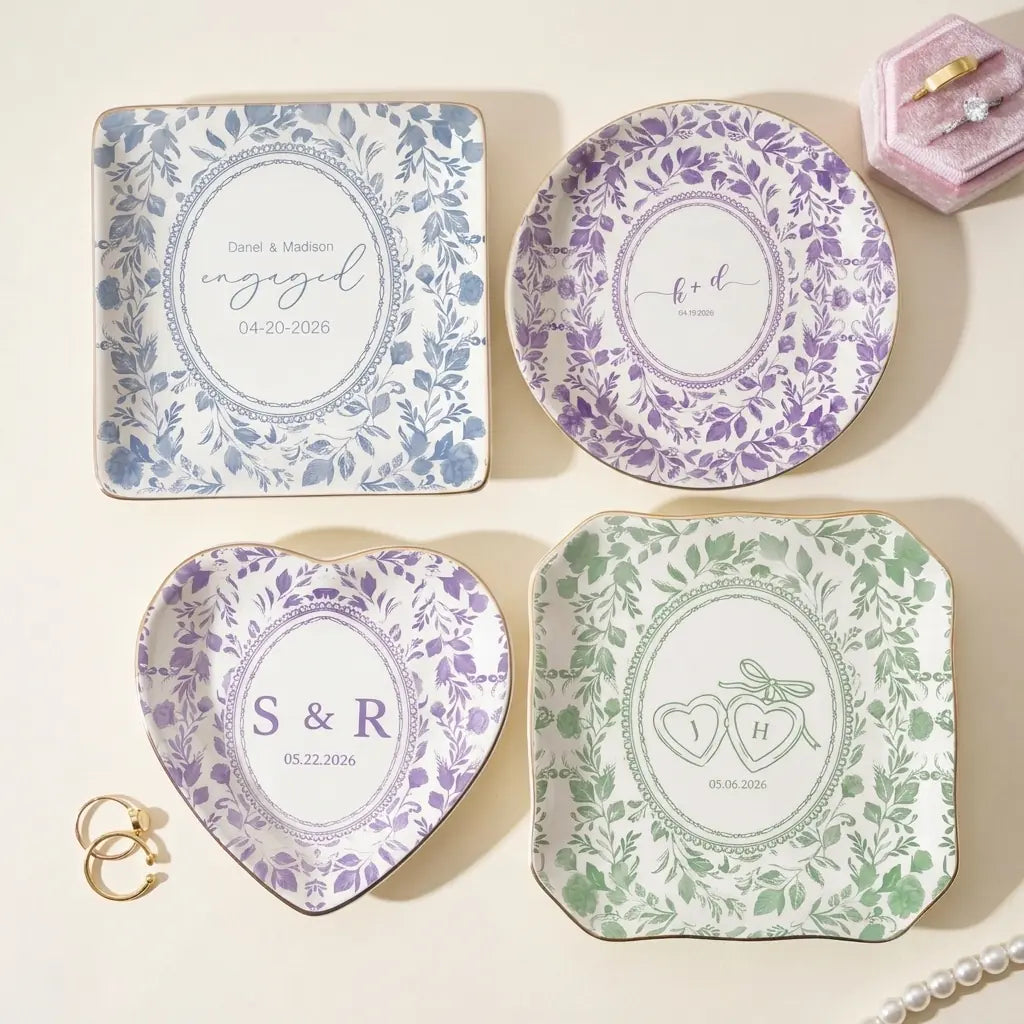 Watercolor floral toile personalized wedding ring dish with pearls and rings