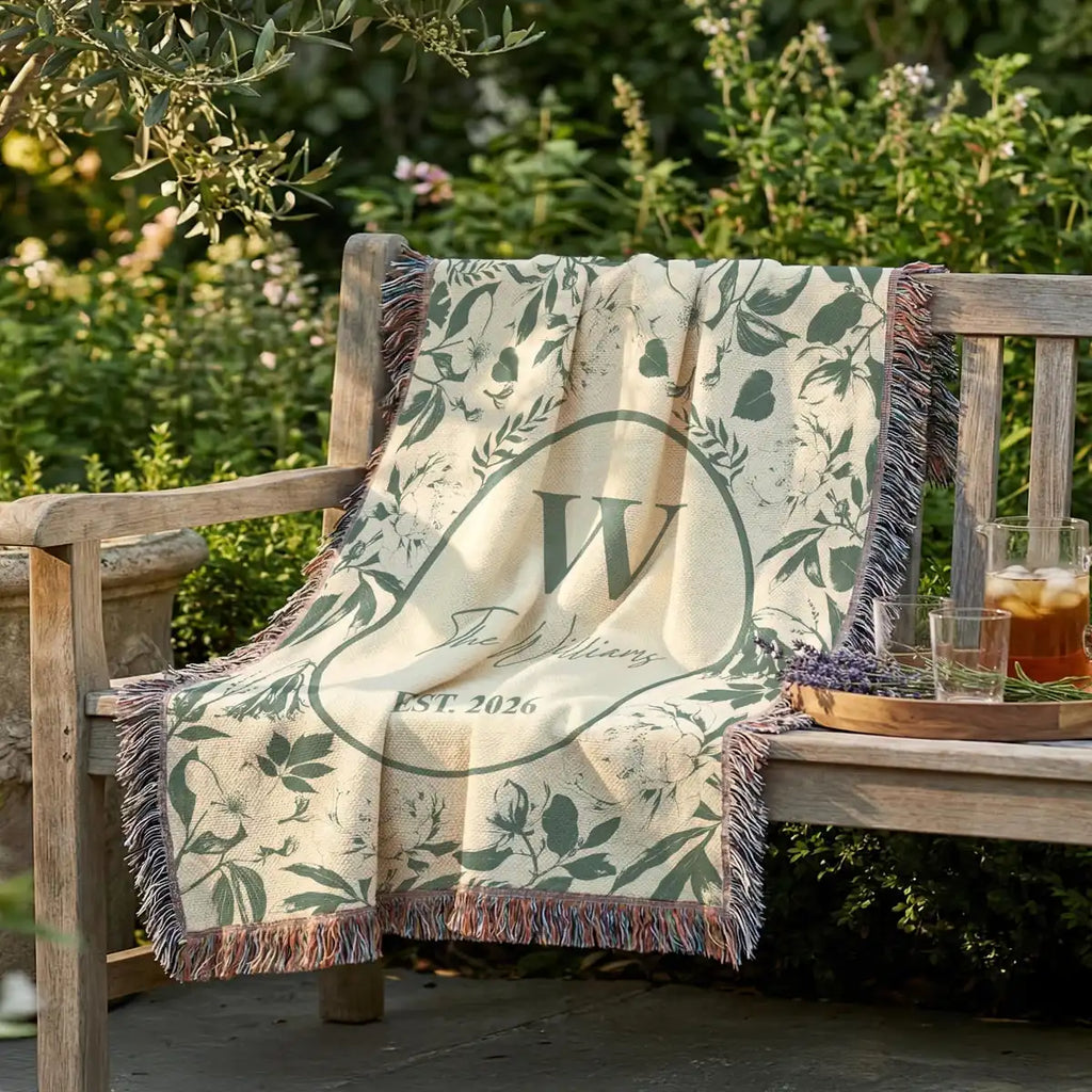 Close-up of the personalized floral toile woven blanket with monogram and fringe detail