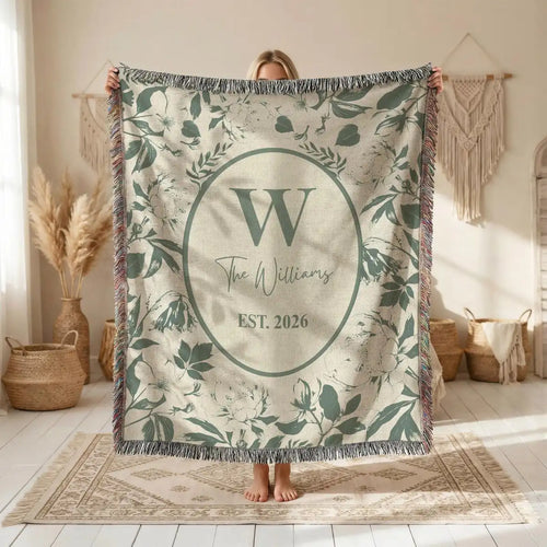 Personalized floral toile woven blanket with monogram and fringe trim
