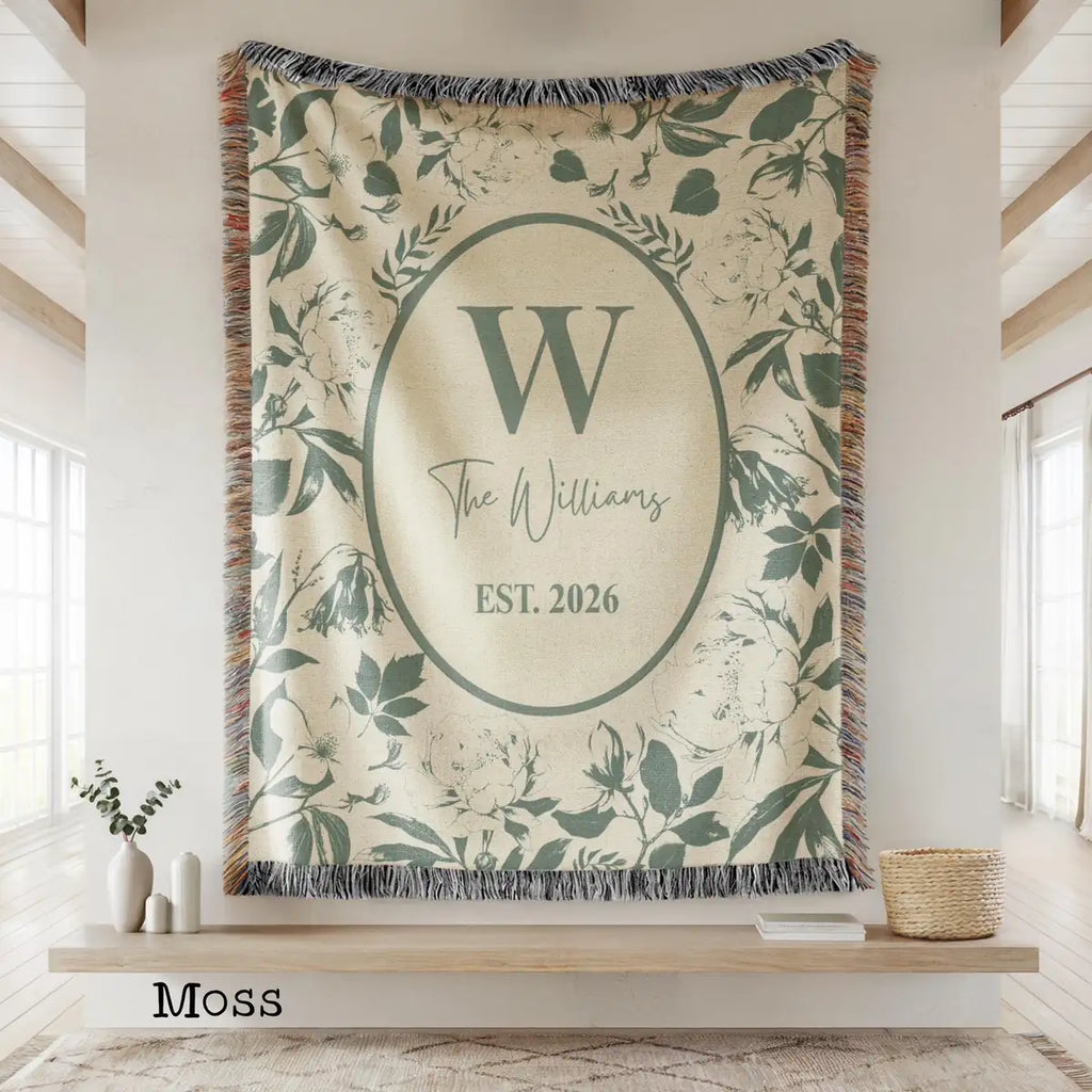 Product information card for the floral toile woven blanket