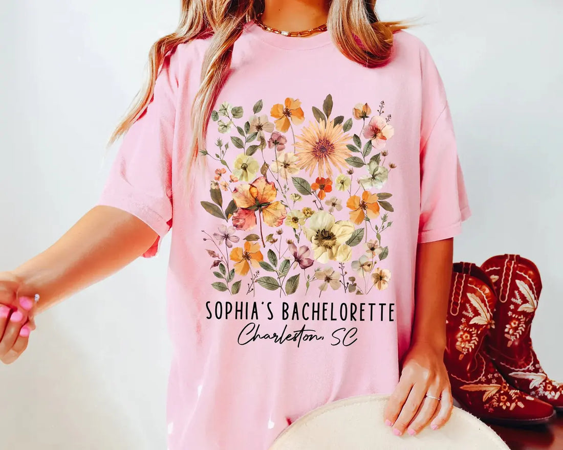 Flower Garden - Custom Name - Bachelorette Party Comfort Colors T-Shirt - Comfort Colors T-Shirt Mockup Image