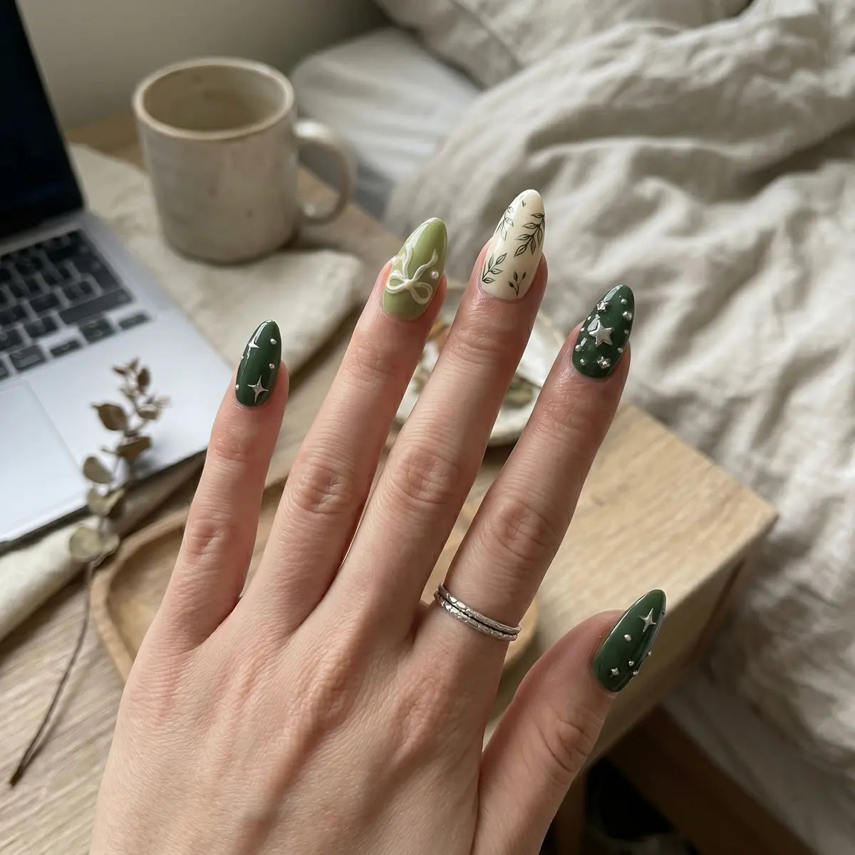 forest green sage 3d hand painted almond press on nails celestial detail 03