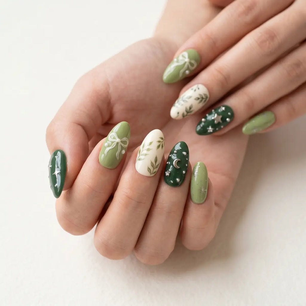 forest green sage 3d hand painted almond press on nails celestial lifestyle 02