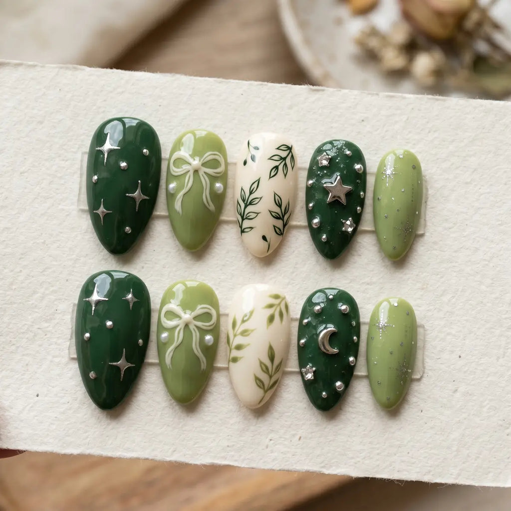 forest green sage 3d hand painted almond press on nails celestial mockup 01
