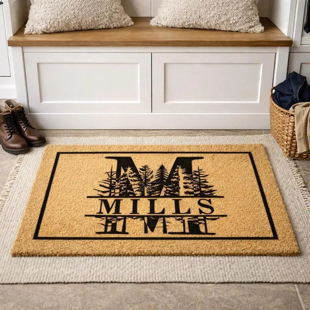 forest monogram framed cabin custom family name personalized doormat detail 08