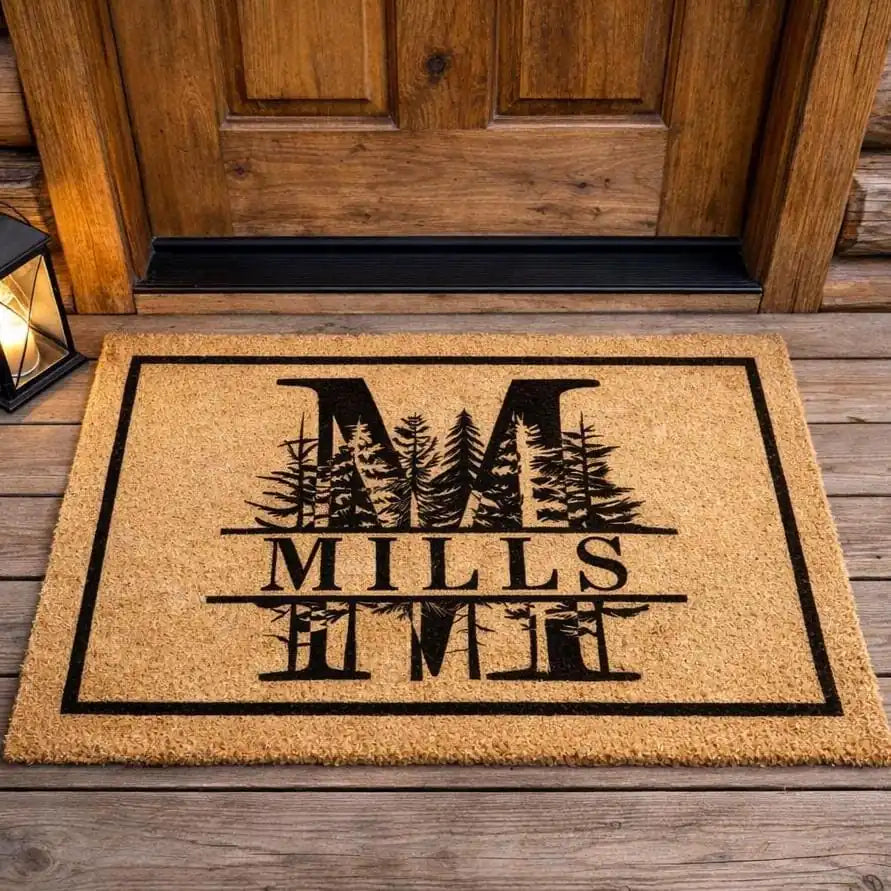 forest monogram framed cabin custom family name personalized doormat lifestyle 09