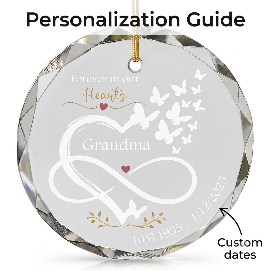Personalization instruction card showing text input fields for custom names, dates and year on glass ornament