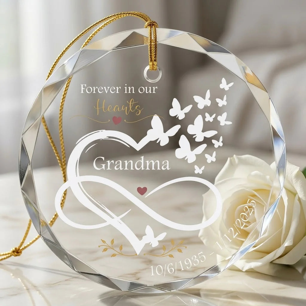 Cozy Christmas holiday scene displaying the custom transparent glass ornament hanging near mantel decor