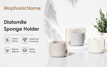 MophonicHome Diatomite Sponge Holder with decorative items on a white surface