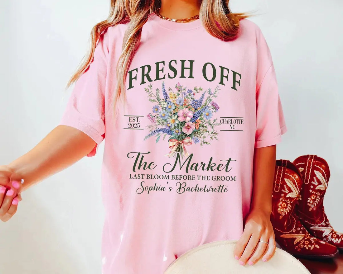 Fresh Off The Market - Custom Name - Farmers Bridal Shower Comfort Colors T-Shirt - Comfort Colors T-Shirt Mockup Image