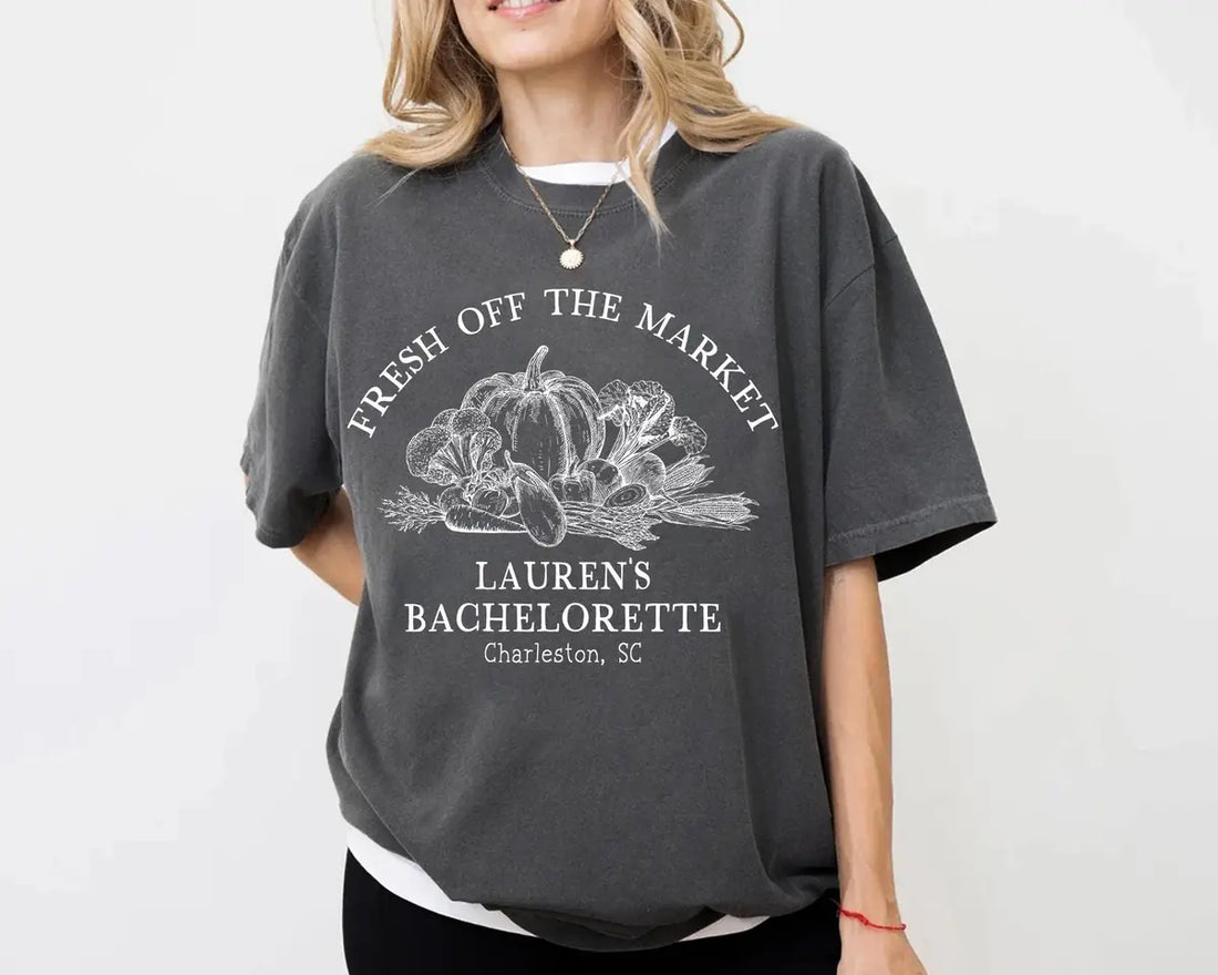 Fresh Off The Market - Custom Location - Bridesmaid Bridal Shower Comfort Colors T-Shirt - Comfort Colors T-Shirt Mockup Image
