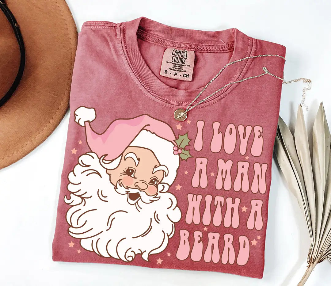 Funny Pink Santa Beard graphic Comfort Colors T-shirt in Pink, additional product photograph.