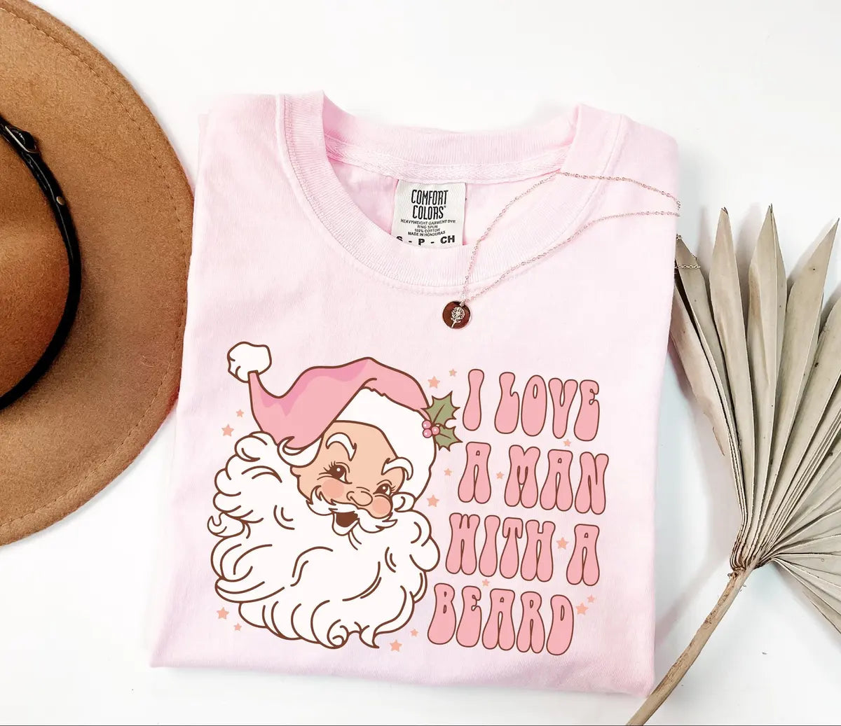 Funny Pink Santa Beard graphic Comfort Colors T-shirt in Pink, additional product photograph.