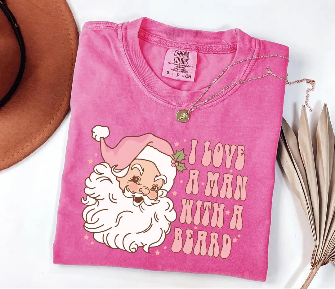 Funny Pink Santa Beard graphic Comfort Colors T-shirt in Pink, additional product photograph.