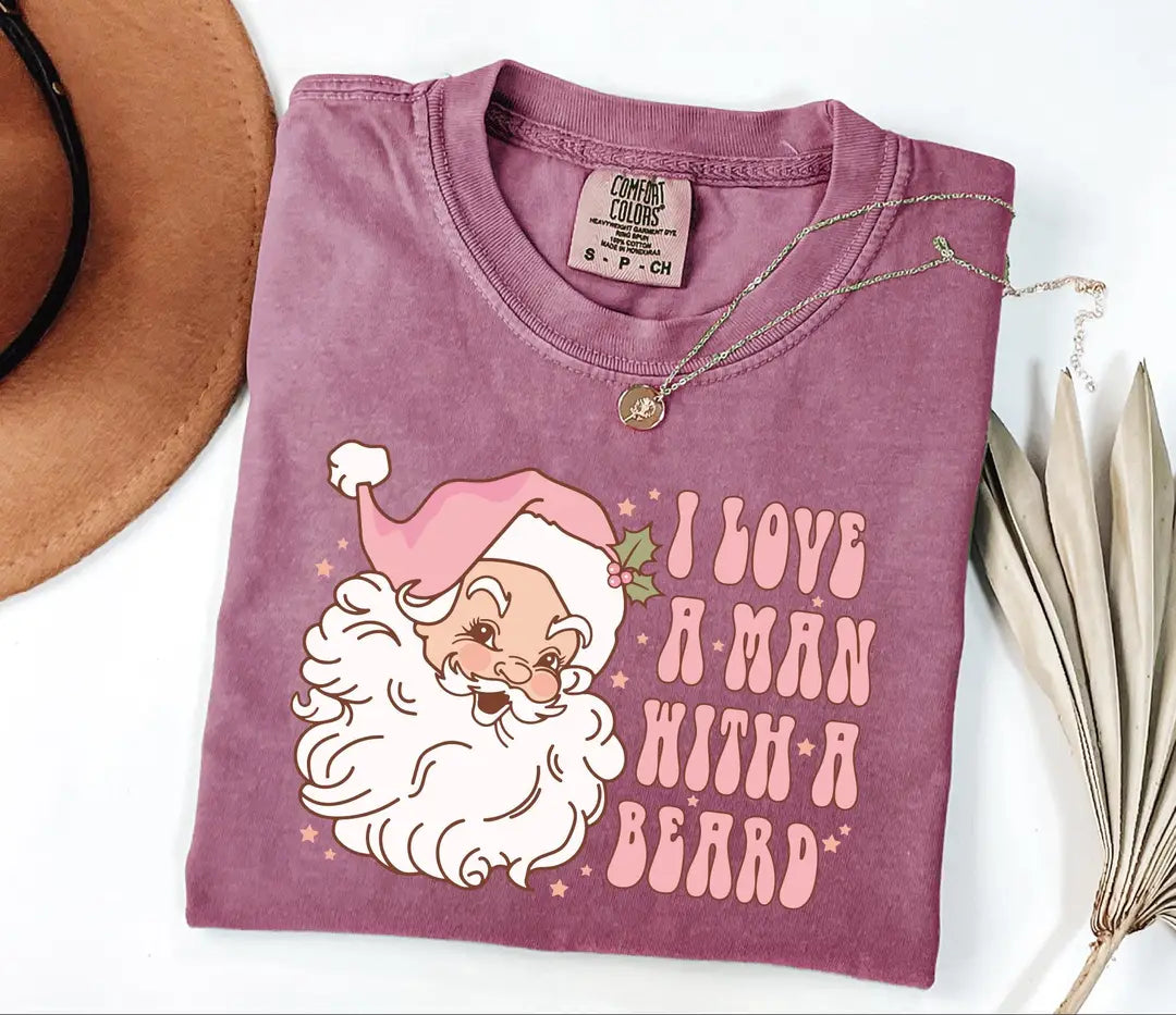 Funny Pink Santa Beard graphic Comfort Colors T-shirt in Pink, additional product photograph.