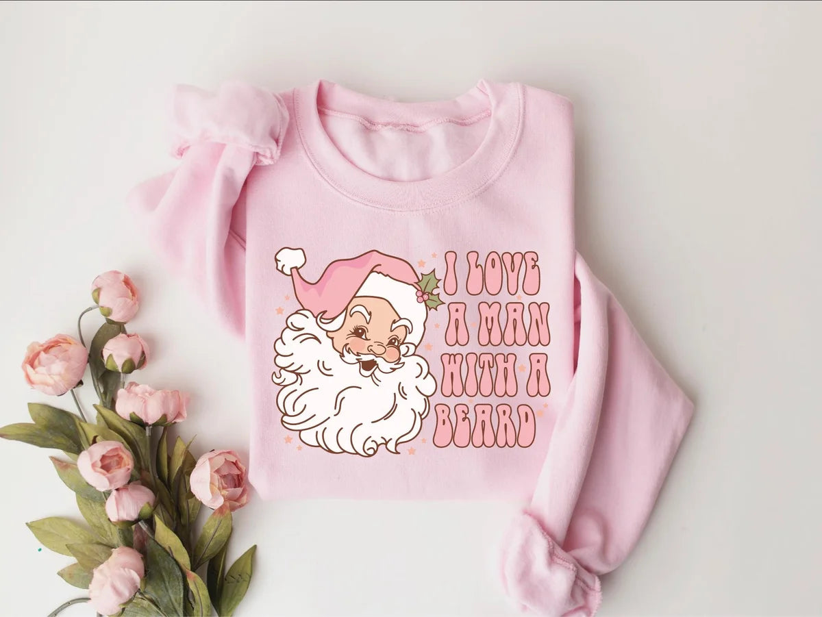Funny Pink Santa Beard : Womens Christmas Crewneck Sweatshirt alternate product view in Pink.